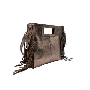 Sac cuir taupe brillant à franges Indiana