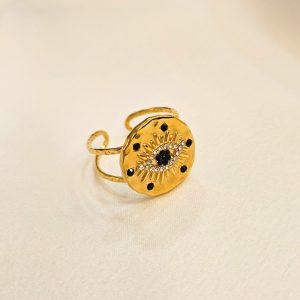 Bague Acier Doré et Noir à Strass